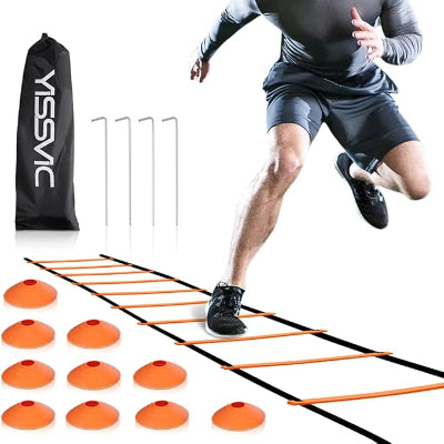 Agility Ladder and Cones 20 Feet 12 Adjustable Rungs Fitness Speed Training Equipment,1 Carry Bags, 10 Cones, 4 Stakes, Basketball, Soccer
