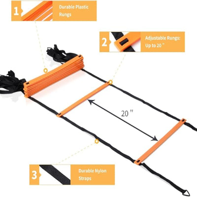 Agility Ladder and Cones 20 Feet 12 Adjustable Rungs Fitness Speed Training Equipment,1 Carry Bags, 10 Cones, 4 Stakes, Basketball, Soccer