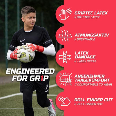 GRIPMODE Classic Red Roll Finger Goalkeeper Gloves Adult and Child with Griptec®